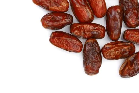 Dry dates isolated on white background with copy space for your text. Top view 스톡 사진