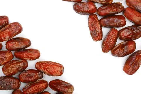 Dry dates isolated on white background with copy space for your text. Top view 스톡 사진