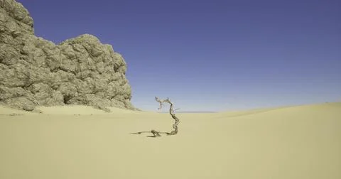 Dry desert landscape with twisted tree near rocky formation under clear sky Stock Illustration