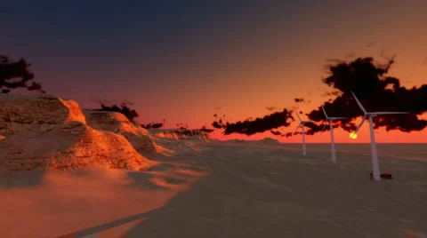 Dry desert at sunset with time lapse clouds and windmills Stock Footage 5629743
