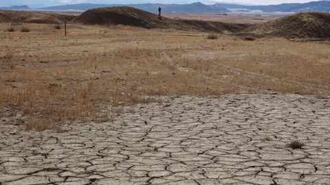 Dry desolate desert landscape with cracks in the soil Video stock 149632502