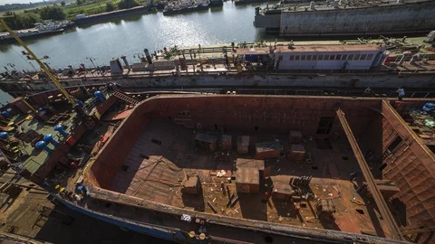 In the dry dock, the front of the ship is separated. Stock Footage 86782586