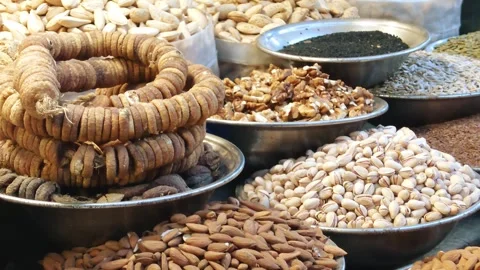 Dry Fig And Other Dried Fruits In Bowls At Market Stock Footage 327375094
