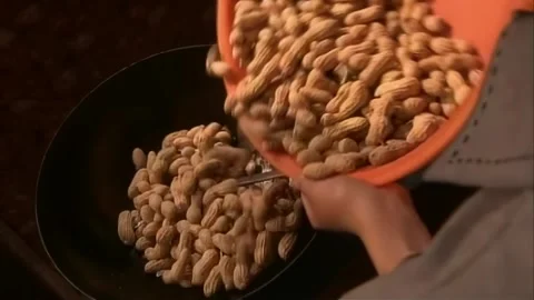 Dry fried peanuts in iron pot Stock Footage 253773919