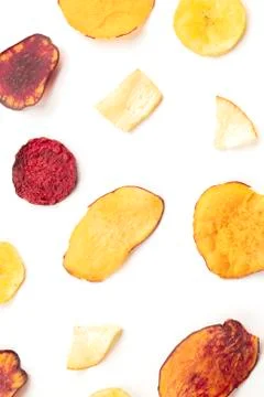 Dry fruit and vegetable chips, top shot Stock Photos
