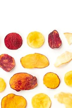 Dry fruit and vegetable chips, top shot with a place for text. Healthy vegan 写真素材