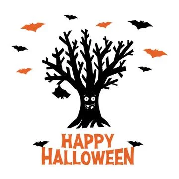 Dry funny tree with hanging bat and flying bats. Happy Halloween orange lette Stock Illustration