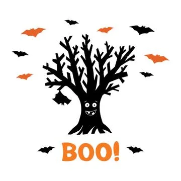 Dry funny tree with hanging bat and flying bats. Orange boo word. Holiday gre Stock Illustration