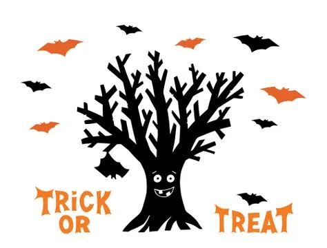 Dry funny tree with hanging bat and flying bats. Happy Trick or treat orange  Stock Illustration