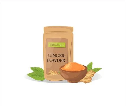 Dry ginger powder in a pack, and a bowl. With ginger root and green leaves... Stock Illustration