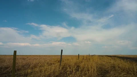 Dry grass moves slowly in a light wind next to a barbwire fence.  Vídeo Stock 156252511