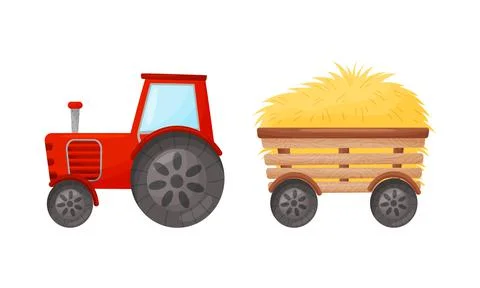 Dry Hay and Tractor as Implement for Crop Harvesting Vector Set Illustrazione stock