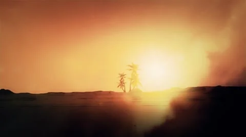 Dry Hot Desert with an Oasis at the Distance Skyline Stock Footage 44146224