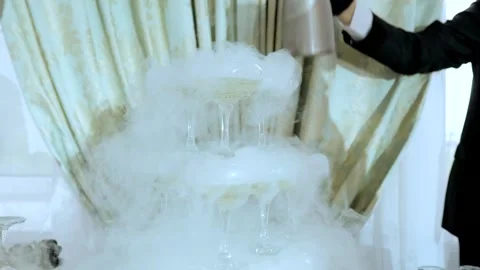 Dry ice in glasses. Snack table. Canape with vegetables and cheese. Smoke coming Stock Footage 253326261