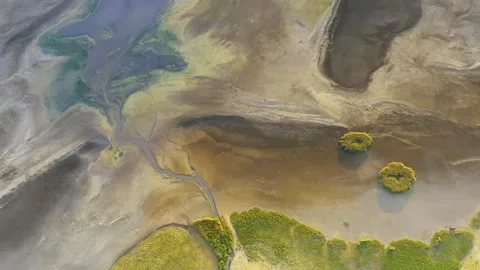 Dry lake or swamp in the process of drought  - aerial drone view Stock Footage 148532957