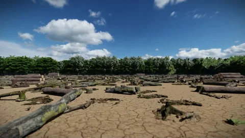 Dry land and cut down trees , piled logs and wood debris Video stock 239415512