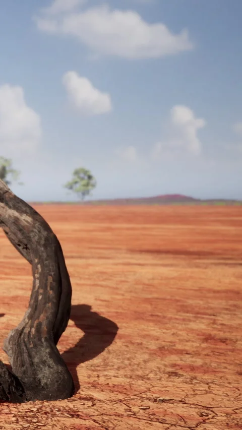 Dry land with twisted tree branch and distant hills under blue sky Stock Footage 337951480