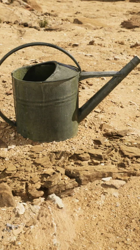 Dry landscape with an empty watering can abandoned in cracked soil Video stock 308956294