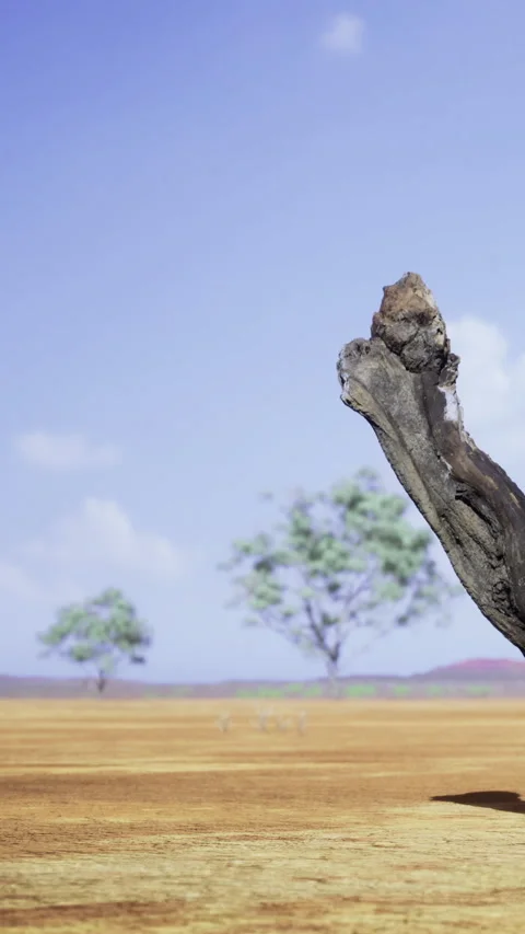 Dry landscape with a fallen tree branch and distant trees under blue sky Stock Footage 336573999