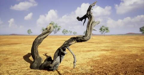 Dry landscape features a twisted tree trunk under a blue sky with clouds Stock Illustration