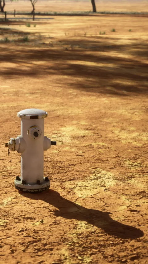 Dry landscape with a fire hydrant standing alone in an arid area Stock Footage 336583879