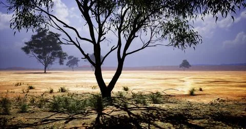 Dry landscape with sparse vegetation under clear sky in remote area 스톡 일러스트