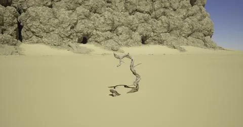 Dry landscape with twisted tree branch near textured rock formation Stock Illustration