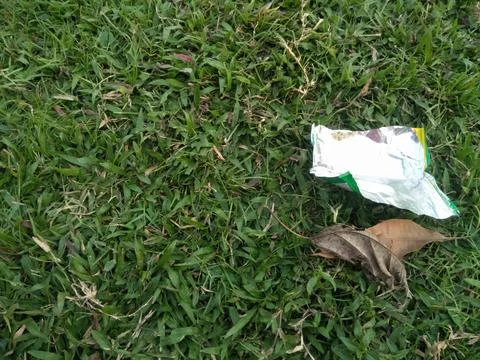 Dry leaf waste and plastic snack waste that pollutes the surrounding enviro.. Stock Photos