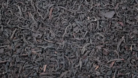 Dry leaves of black rolled tea appear in focus from blurred background. Close-up Stockbeeldmateriaal 247176971