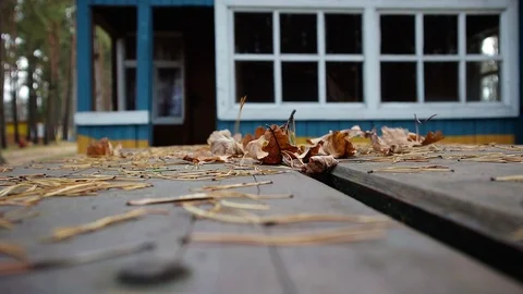 Dry leaves fall on the table against the background of wooden houses. Cabin 스톡 동영상 127582225