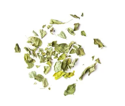Dry moringa leaves on white background Stock Photos