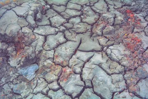 Dry mud ground, crack texture, granite gravel. Dry dirty soil. Cracks on clay Fotos Stock