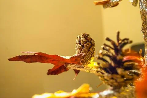 Dry pine cone and multi color leaves christmas tree natural decoration closeup. Stock Photos