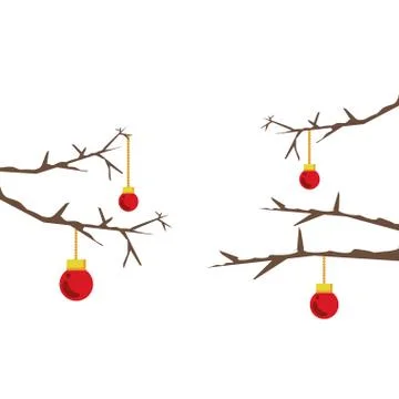 Dry pine tree branches with snow and balls hanging Stock Illustration