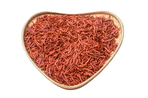 Dry red chilli in heart shape bamboo tray Stock Photos