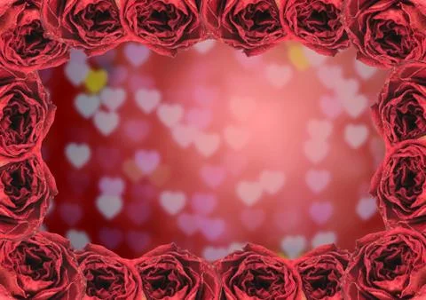 Dry red rose frame on blur heart bokeh background Stock Photos