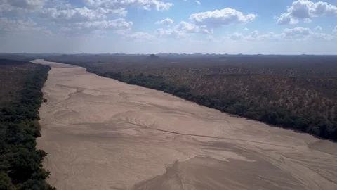 Dry river border zimbabwe botswana aerial drone Video stock 99237409