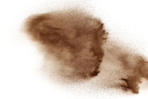 Dry river sand explosion. Brown color sand splash against white background. Illustrazione stock