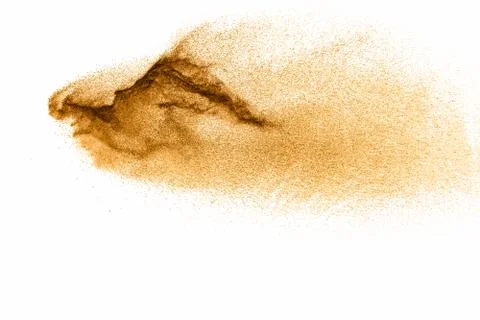 Dry river sand explosion. Brown color sand splash against white background. Foto stock