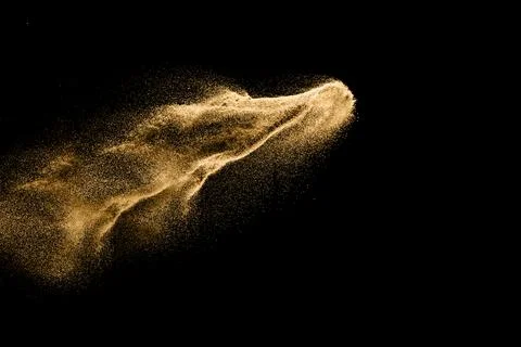Dry river sand explosion. Golden colored sand splash agianst dark background. 스톡 일러스트