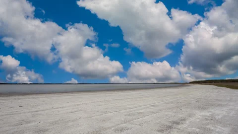 Dry saline land under a blue cloudy sky time lapse scene Stock Footage 244300549