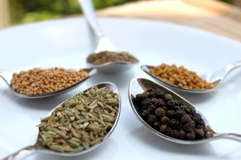 Dry spices, close up view Stock Photos