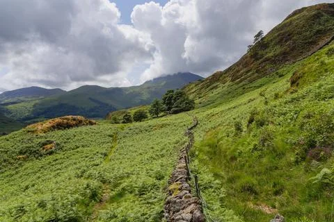 Dry stone wall winds its way across a steep hillside near Beddgelert in Wales Stock Photos