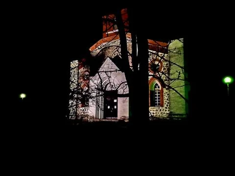 Dry tree and branches on the background of the old Finnish church at night Stock Photos