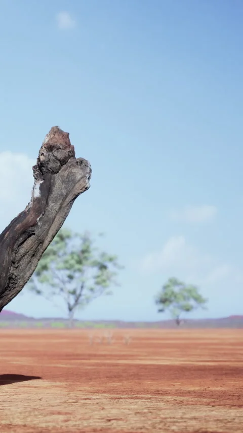 Dry tree branch rests on cracked soil under blue sky with distant trees Stock Footage 338387610