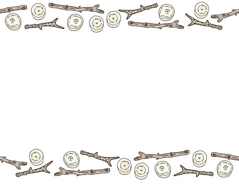 Dry tree branches and candles seamless border pattern. Boho cartoon drawing o Stock Illustration