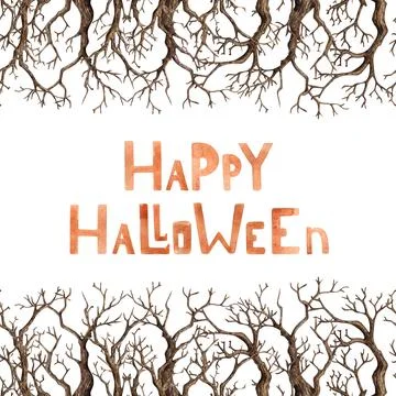 Dry tree branches border top bottom with text watercolor Stock Illustration
