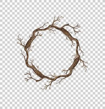 Dry tree branches frame round watercolor Stock Illustration
