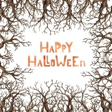 Dry tree branches frame with text watercolor Stock Illustration