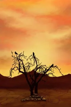 Dry tree in the desert and three ravens Illustrazione stock